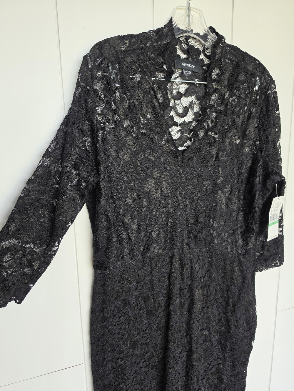 Karen Kane Little Black Dress L Scalloped Lace Illusion Bodycon Goth V-Neck LBD - Picture 5 of 10